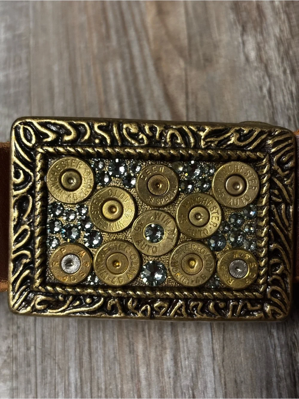 Pretty Hunter Winchester Ornate Brass Buckle and XL Leather belt